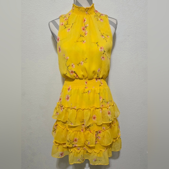 MSK Floral Mini Dress Tiered Ruffle Yellow Pink Size Petite Large - Picture 2 of 16